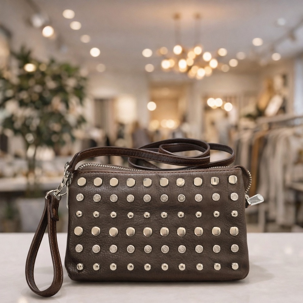 Charming Charlie’s Brown Studded Leather Wristlet Crossbody Bag